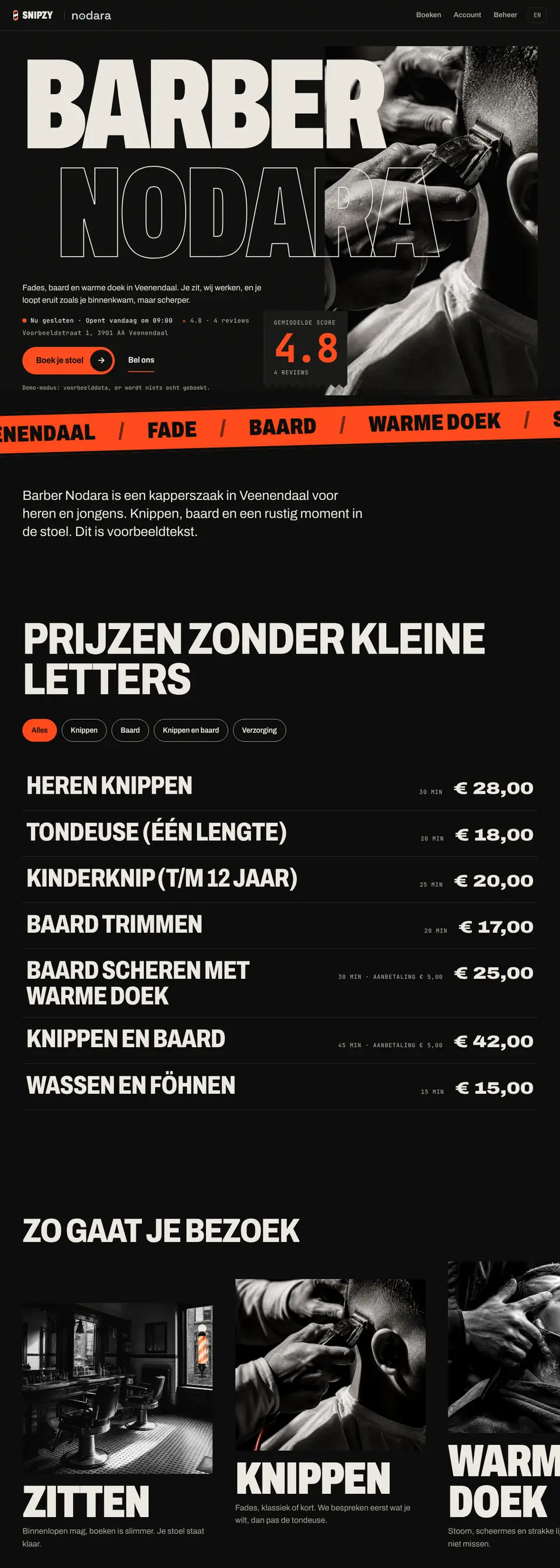 Schermafbeelding van de voorbeeldwebsite Snipzy