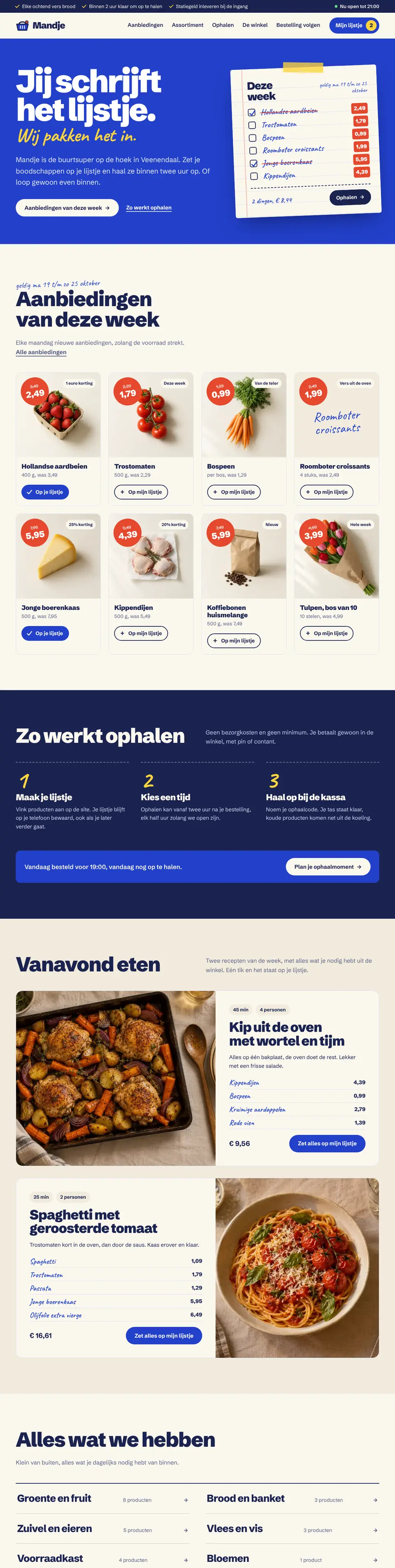 Schermafbeelding van de voorbeeldwebsite Mandje